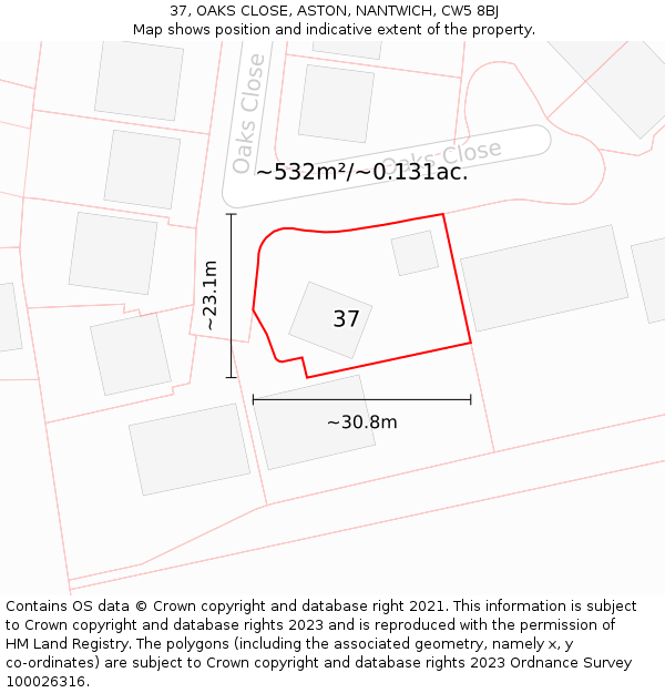 37, OAKS CLOSE, ASTON, NANTWICH, CW5 8BJ: Plot and title map