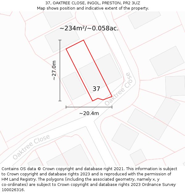 37, OAKTREE CLOSE, INGOL, PRESTON, PR2 3UZ: Plot and title map