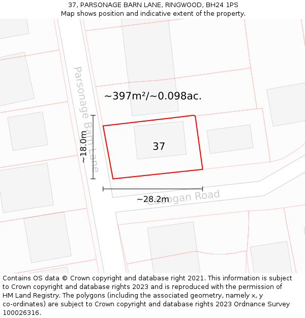 37, PARSONAGE BARN LANE, RINGWOOD, BH24 1PS: Plot and title map