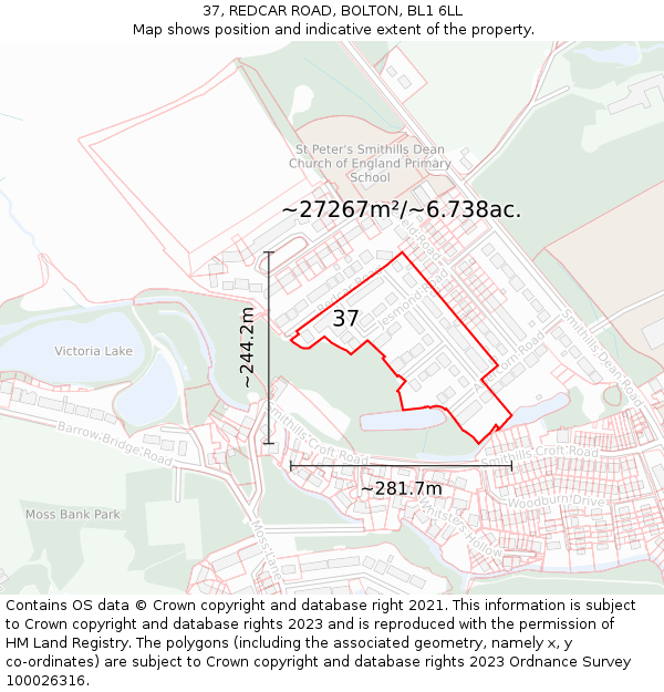 37, REDCAR ROAD, BOLTON, BL1 6LL: Plot and title map