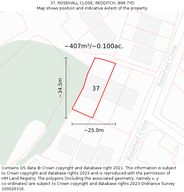 37, ROSEHALL CLOSE, REDDITCH, B98 7YD: Plot and title map