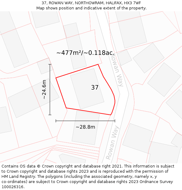 37, ROWAN WAY, NORTHOWRAM, HALIFAX, HX3 7WF: Plot and title map