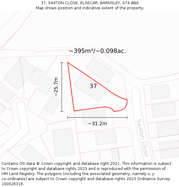 37, SAXTON CLOSE, ELSECAR, BARNSLEY, S74 8BA: Plot and title map