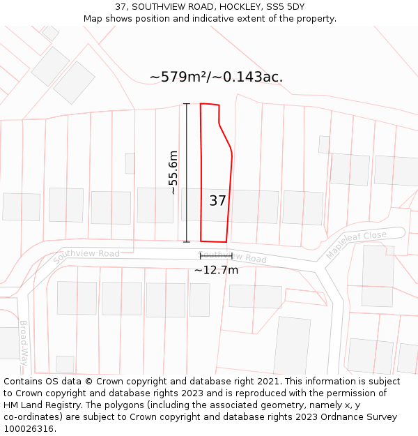 37, SOUTHVIEW ROAD, HOCKLEY, SS5 5DY: Plot and title map