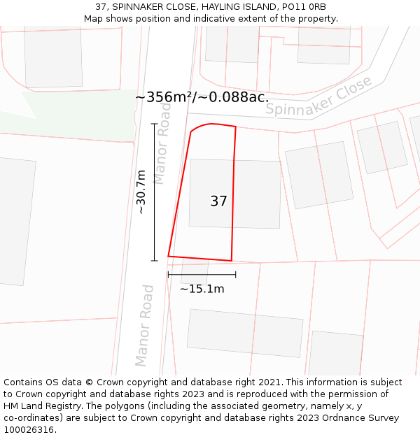 37, SPINNAKER CLOSE, HAYLING ISLAND, PO11 0RB: Plot and title map