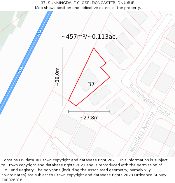 37, SUNNINGDALE CLOSE, DONCASTER, DN4 6UR: Plot and title map