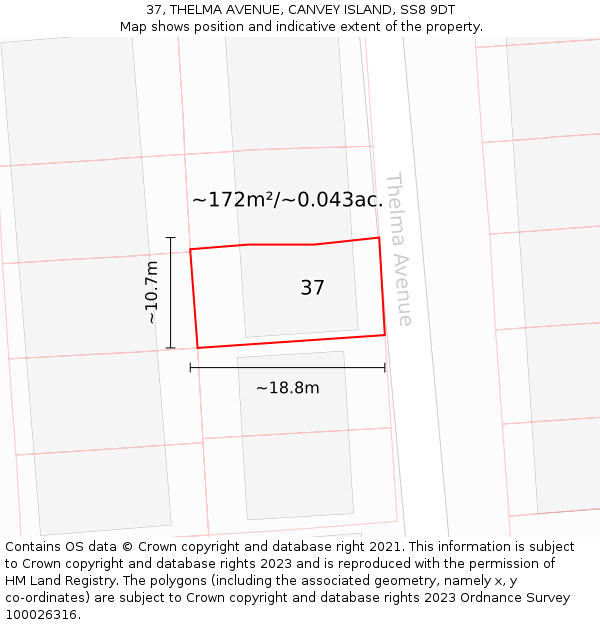 37, THELMA AVENUE, CANVEY ISLAND, SS8 9DT: Plot and title map