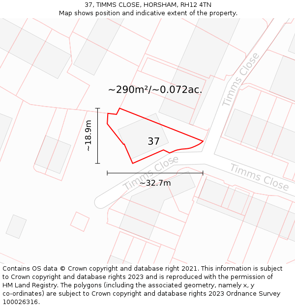 37, TIMMS CLOSE, HORSHAM, RH12 4TN: Plot and title map