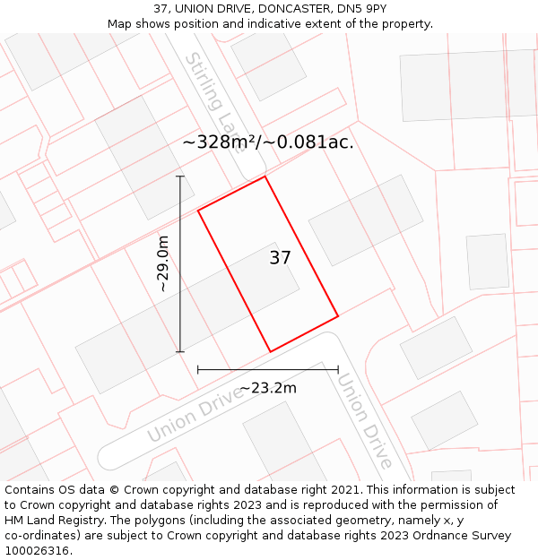 37, UNION DRIVE, DONCASTER, DN5 9PY: Plot and title map