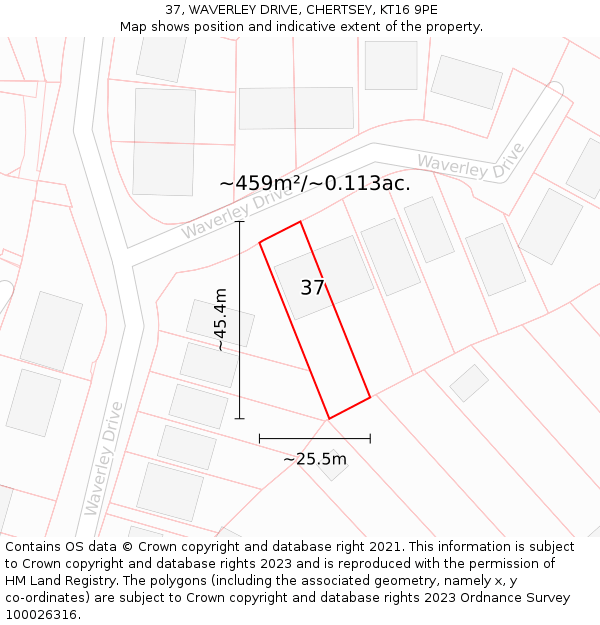 37, WAVERLEY DRIVE, CHERTSEY, KT16 9PE: Plot and title map