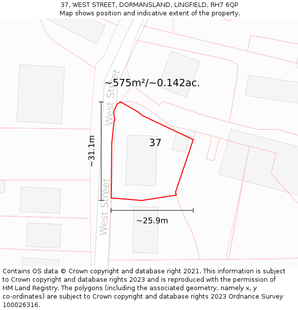 37, WEST STREET, DORMANSLAND, LINGFIELD, RH7 6QP: Plot and title map