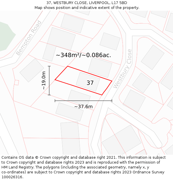 37, WESTBURY CLOSE, LIVERPOOL, L17 5BD: Plot and title map