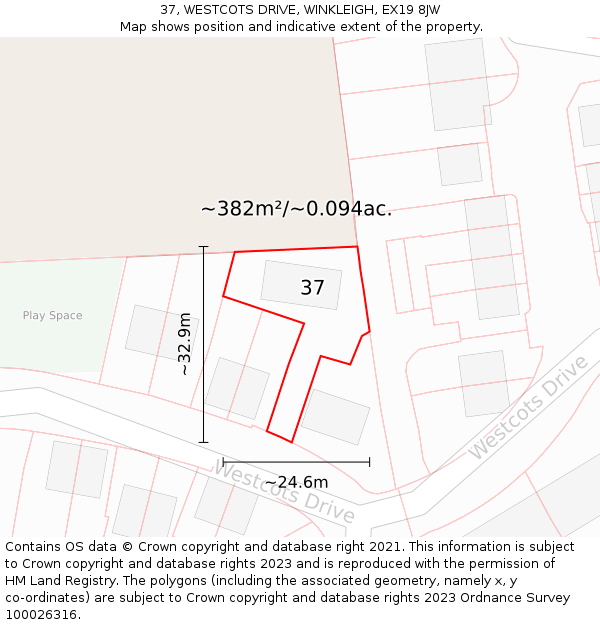 37, WESTCOTS DRIVE, WINKLEIGH, EX19 8JW: Plot and title map