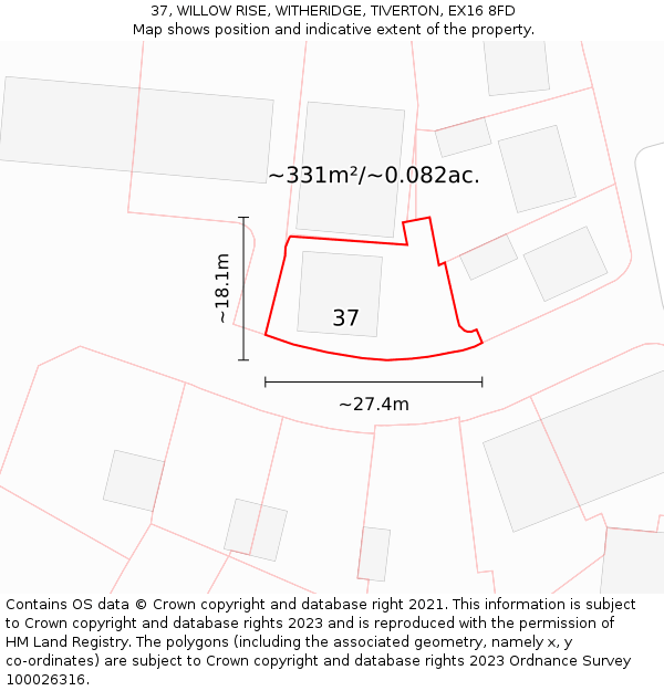 37, WILLOW RISE, WITHERIDGE, TIVERTON, EX16 8FD: Plot and title map