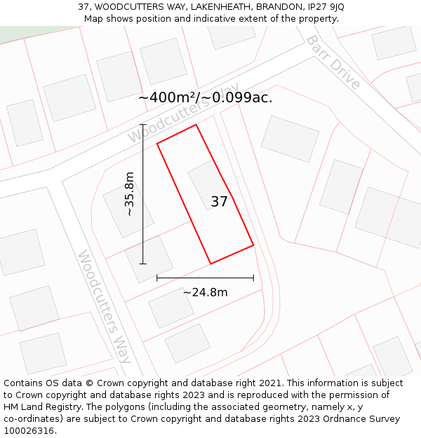 37, WOODCUTTERS WAY, LAKENHEATH, BRANDON, IP27 9JQ: Plot and title map