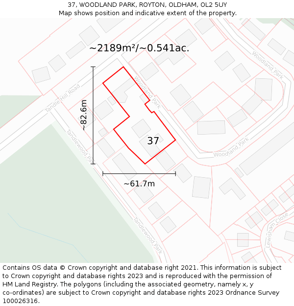 37, WOODLAND PARK, ROYTON, OLDHAM, OL2 5UY: Plot and title map