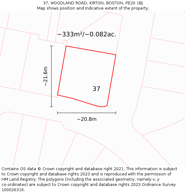 37, WOODLAND ROAD, KIRTON, BOSTON, PE20 1BJ: Plot and title map