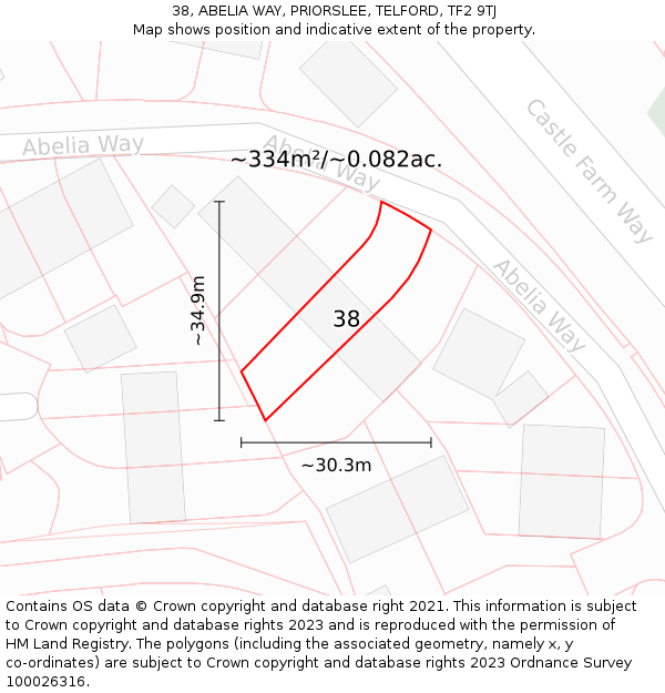 38, ABELIA WAY, PRIORSLEE, TELFORD, TF2 9TJ: Plot and title map