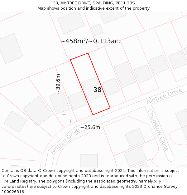 38, AINTREE DRIVE, SPALDING, PE11 3BS: Plot and title map