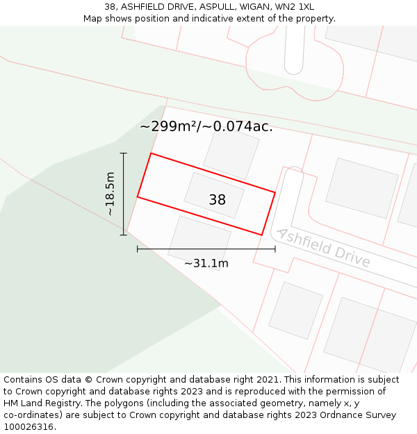 38, ASHFIELD DRIVE, ASPULL, WIGAN, WN2 1XL: Plot and title map