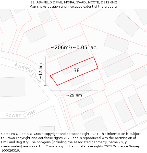 38, ASHFIELD DRIVE, MOIRA, SWADLINCOTE, DE12 6HQ: Plot and title map