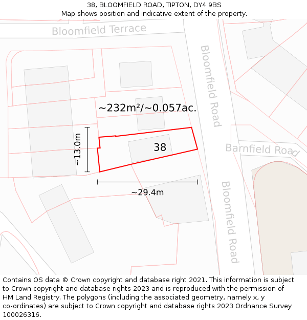 38, BLOOMFIELD ROAD, TIPTON, DY4 9BS: Plot and title map