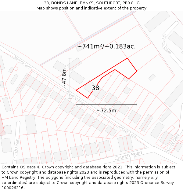 38, BONDS LANE, BANKS, SOUTHPORT, PR9 8HG: Plot and title map