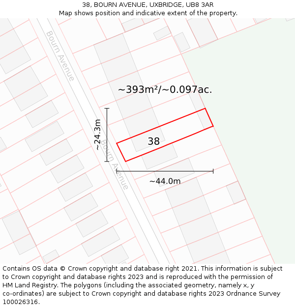 38, BOURN AVENUE, UXBRIDGE, UB8 3AR: Plot and title map