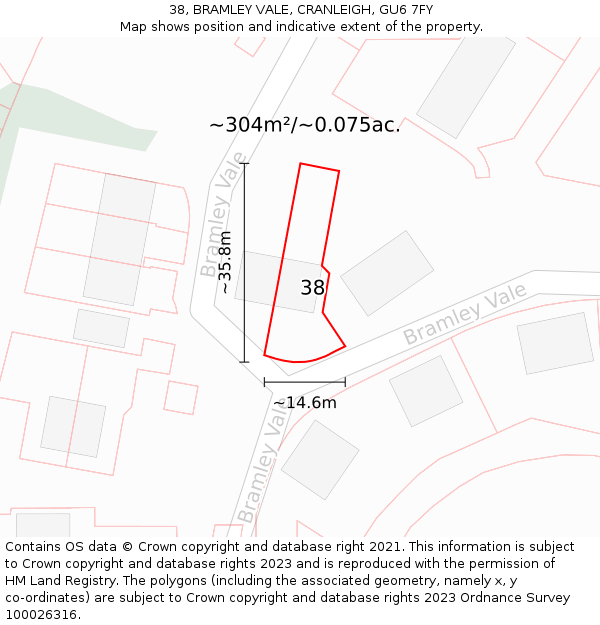 38, BRAMLEY VALE, CRANLEIGH, GU6 7FY: Plot and title map