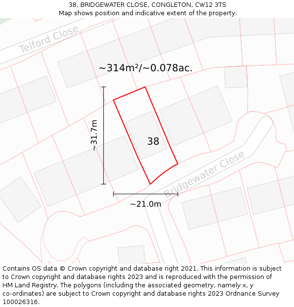 38, BRIDGEWATER CLOSE, CONGLETON, CW12 3TS: Plot and title map