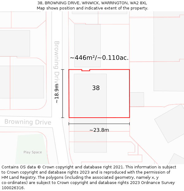 38, BROWNING DRIVE, WINWICK, WARRINGTON, WA2 8XL: Plot and title map