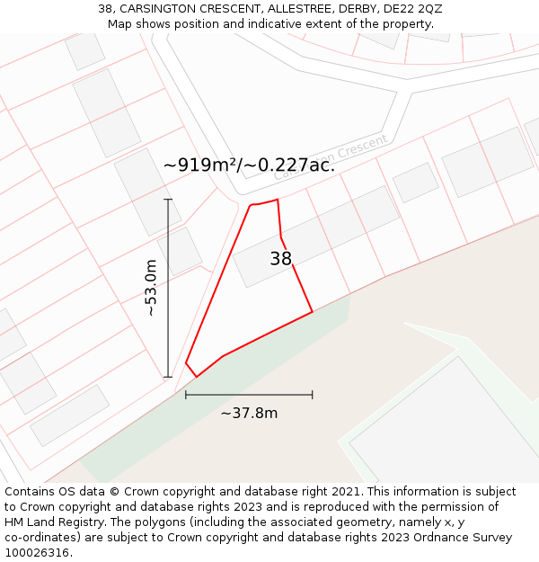 38, CARSINGTON CRESCENT, ALLESTREE, DERBY, DE22 2QZ: Plot and title map