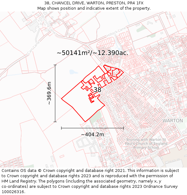 38, CHANCEL DRIVE, WARTON, PRESTON, PR4 1FX: Plot and title map