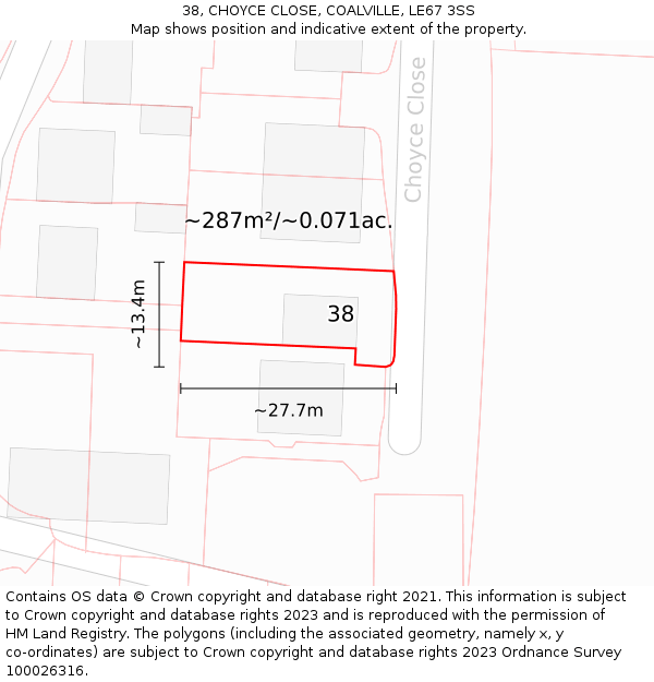 38, CHOYCE CLOSE, COALVILLE, LE67 3SS: Plot and title map