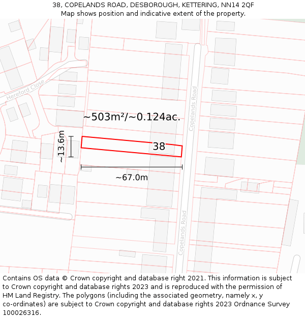 38, COPELANDS ROAD, DESBOROUGH, KETTERING, NN14 2QF: Plot and title map