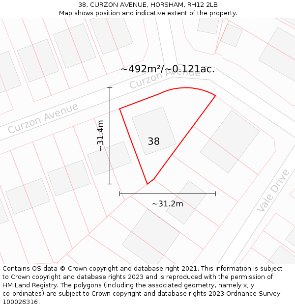 38, CURZON AVENUE, HORSHAM, RH12 2LB: Plot and title map