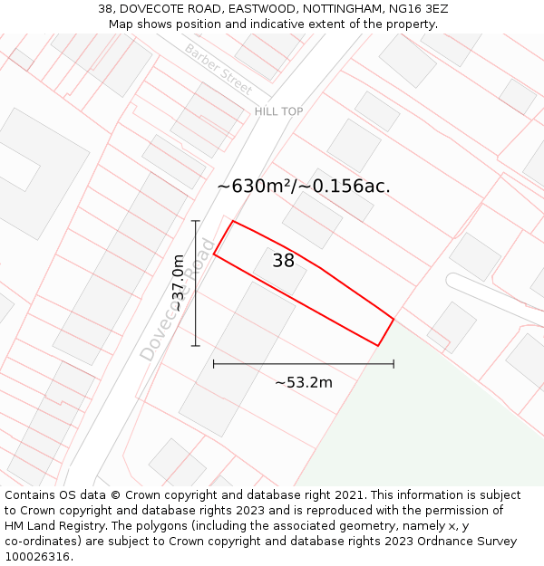 38, DOVECOTE ROAD, EASTWOOD, NOTTINGHAM, NG16 3EZ: Plot and title map