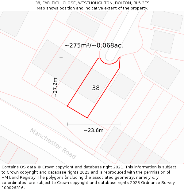 38, FARLEIGH CLOSE, WESTHOUGHTON, BOLTON, BL5 3ES: Plot and title map