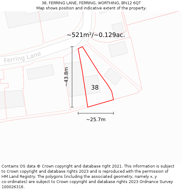 38, FERRING LANE, FERRING, WORTHING, BN12 6QT: Plot and title map