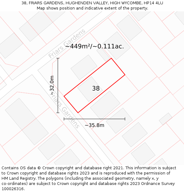 38, FRIARS GARDENS, HUGHENDEN VALLEY, HIGH WYCOMBE, HP14 4LU: Plot and title map