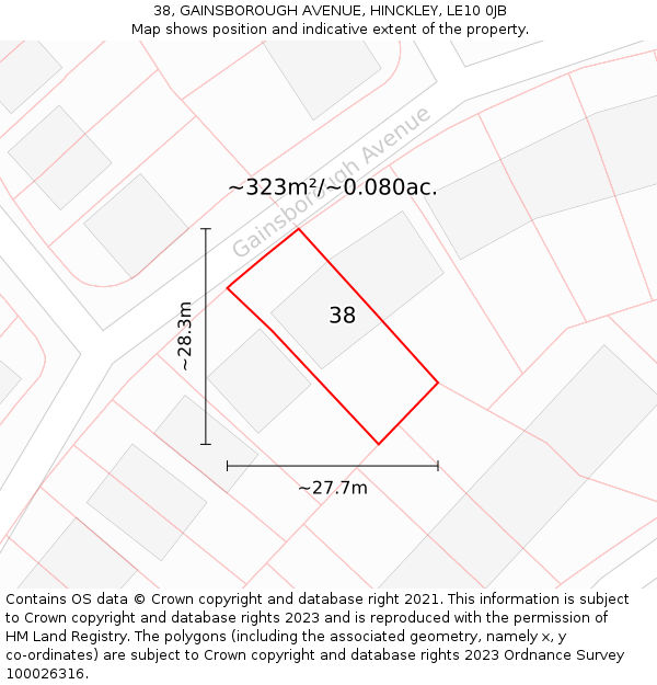 38, GAINSBOROUGH AVENUE, HINCKLEY, LE10 0JB: Plot and title map