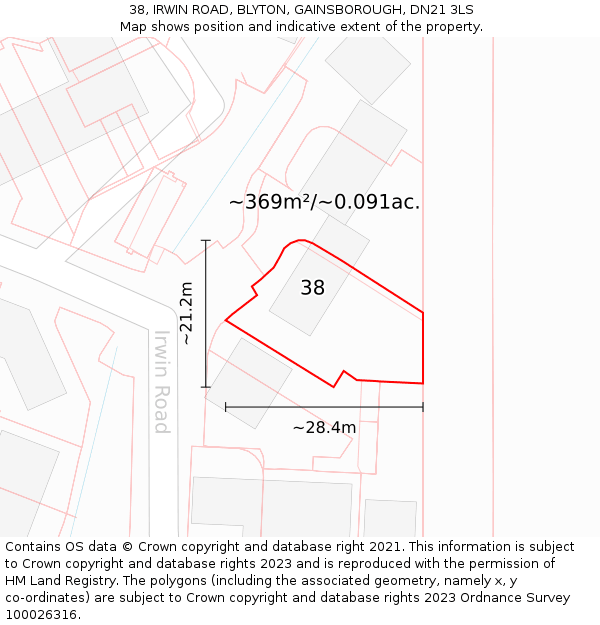 38, IRWIN ROAD, BLYTON, GAINSBOROUGH, DN21 3LS: Plot and title map