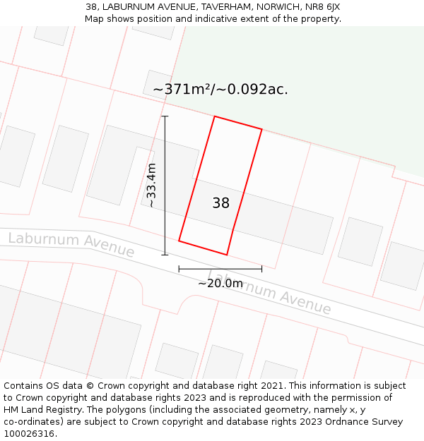 38, LABURNUM AVENUE, TAVERHAM, NORWICH, NR8 6JX: Plot and title map