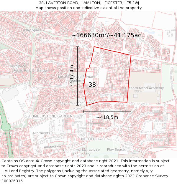 38, LAVERTON ROAD, HAMILTON, LEICESTER, LE5 1WJ: Plot and title map