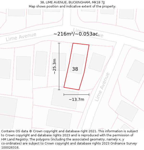 38, LIME AVENUE, BUCKINGHAM, MK18 7JJ: Plot and title map