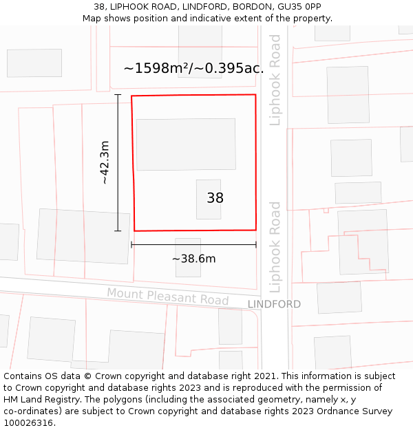 38, LIPHOOK ROAD, LINDFORD, BORDON, GU35 0PP: Plot and title map