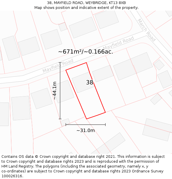 38, MAYFIELD ROAD, WEYBRIDGE, KT13 8XB: Plot and title map