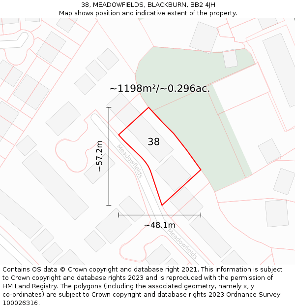 38, MEADOWFIELDS, BLACKBURN, BB2 4JH: Plot and title map