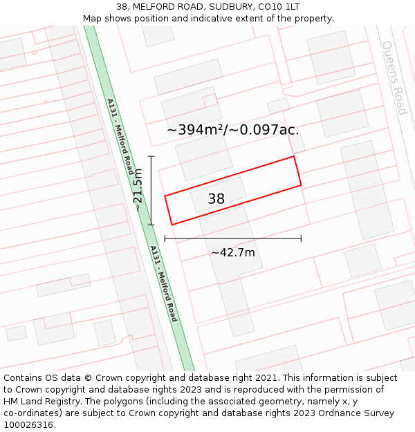 38, MELFORD ROAD, SUDBURY, CO10 1LT: Plot and title map