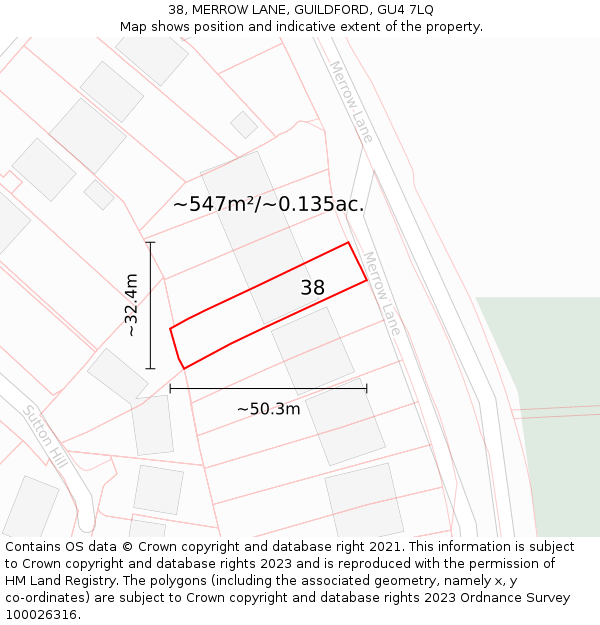 38, MERROW LANE, GUILDFORD, GU4 7LQ: Plot and title map